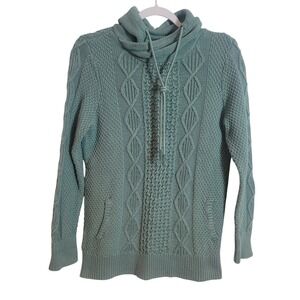 LL Bean Signature Women Sage Green Cotton Cable Knit Cowl Neck Sweater Medium